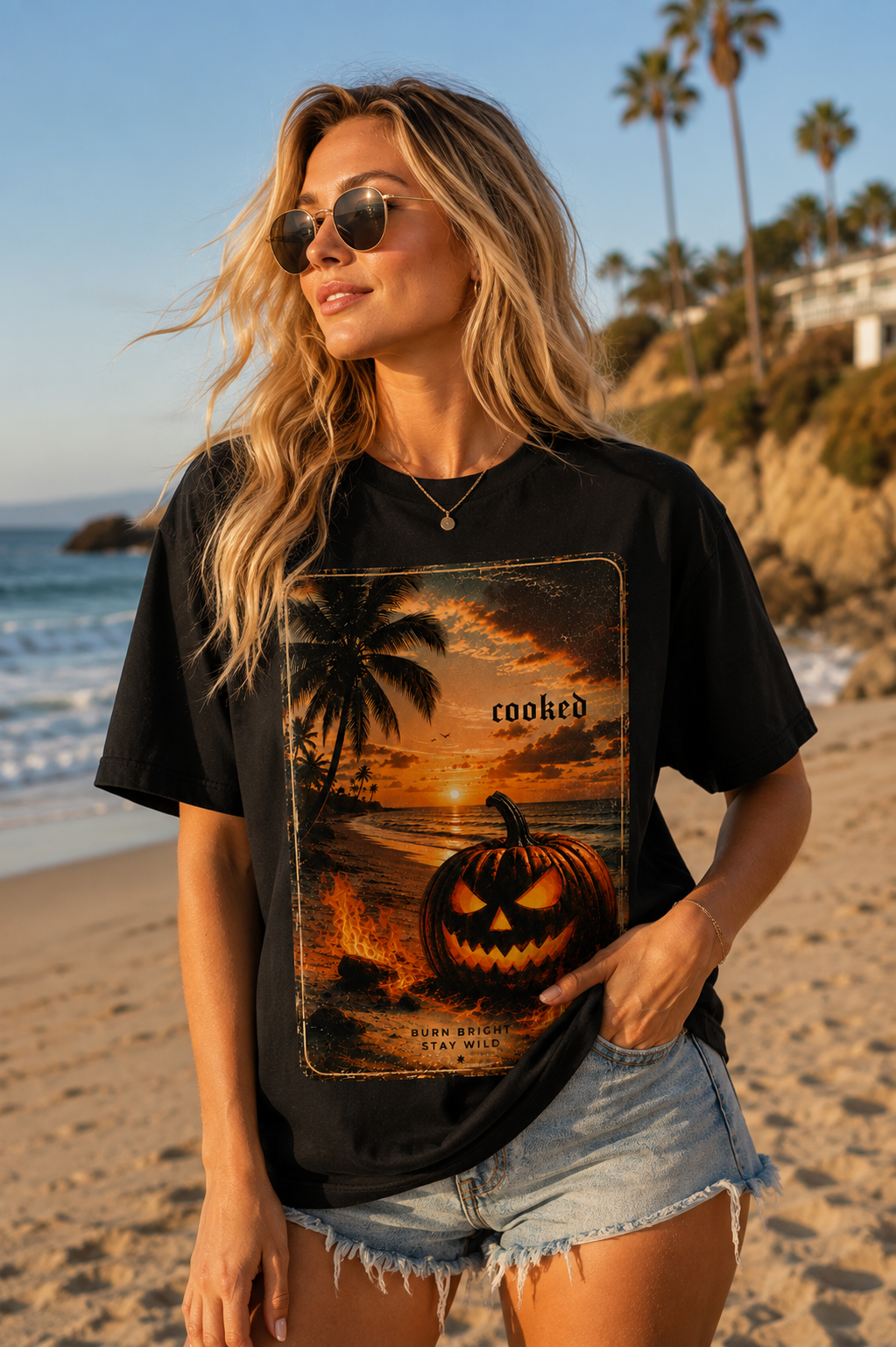 Halloween Pumpkin Beach Graphic Tee | Vintage Coastal Retro Shirt