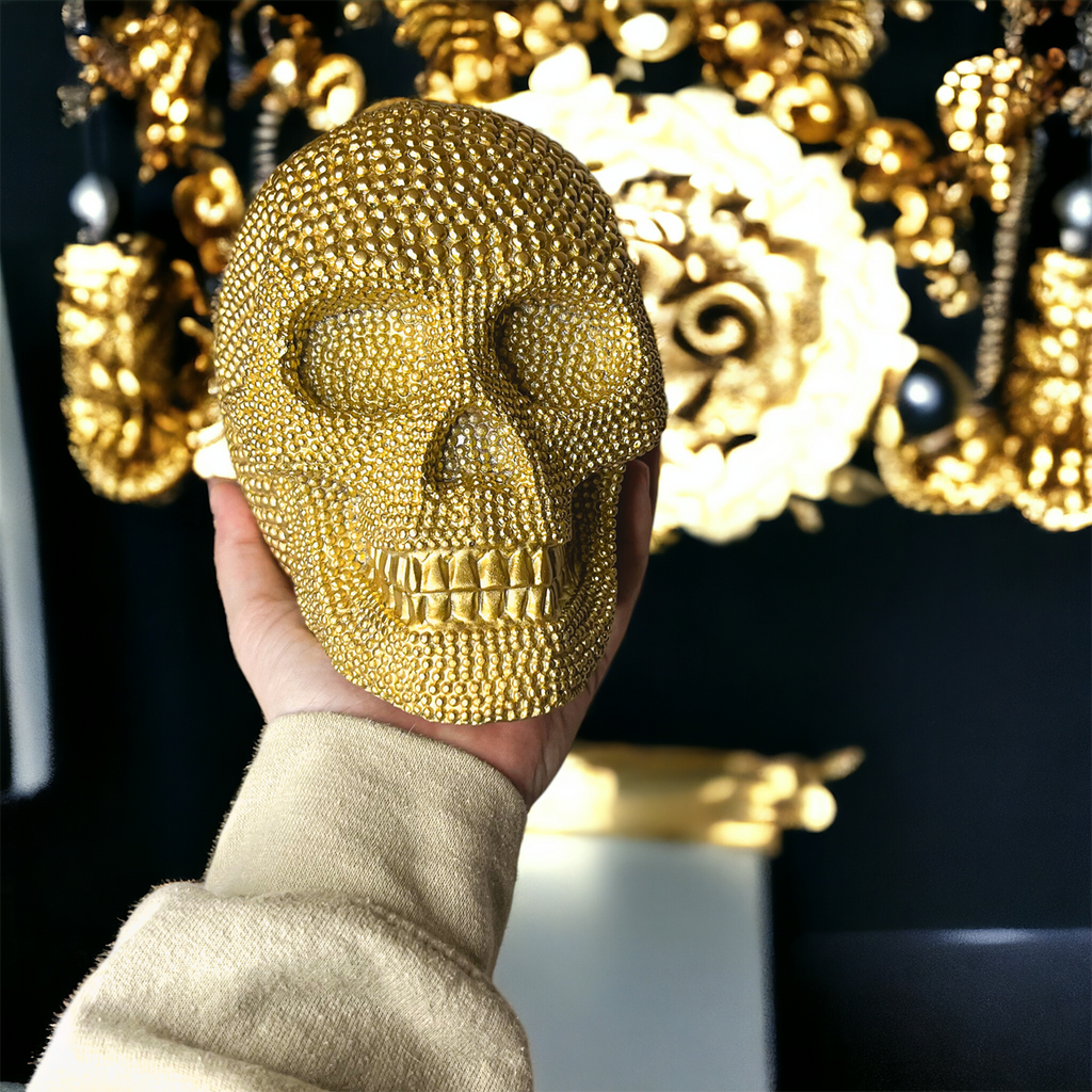 Gold Resin Beaded Skull Decor Rustic Table Accent Bookend Halloween Centerpiece