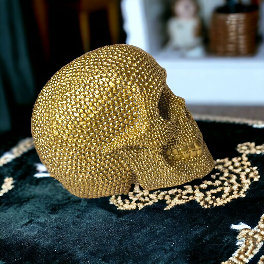 Gold Resin Beaded Skull Decor Rustic Table Accent Bookend Halloween Centerpiece
