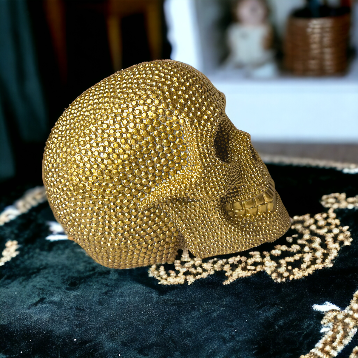 Gold Resin Beaded Skull Decor Rustic Table Accent Bookend Halloween Centerpiece