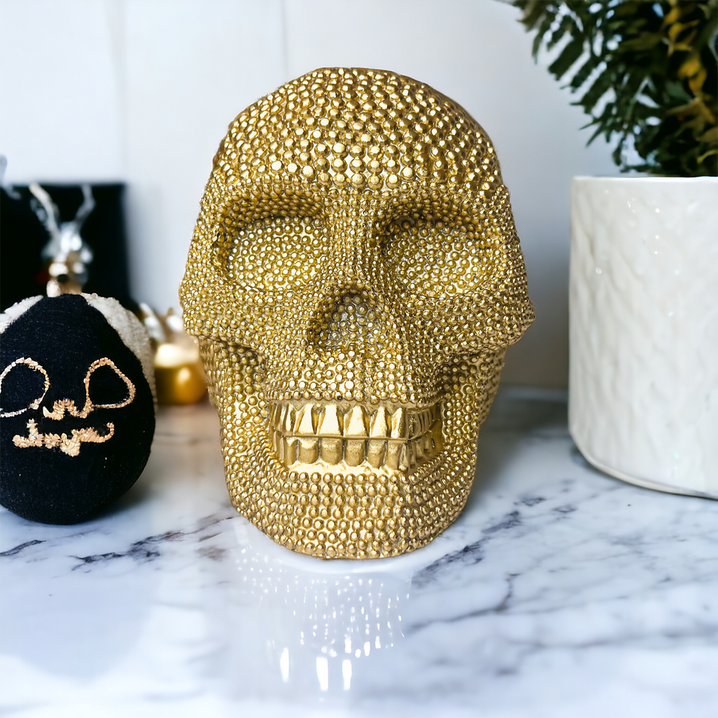 Gold Resin Beaded Skull Decor Rustic Table Accent Bookend Halloween Centerpiece