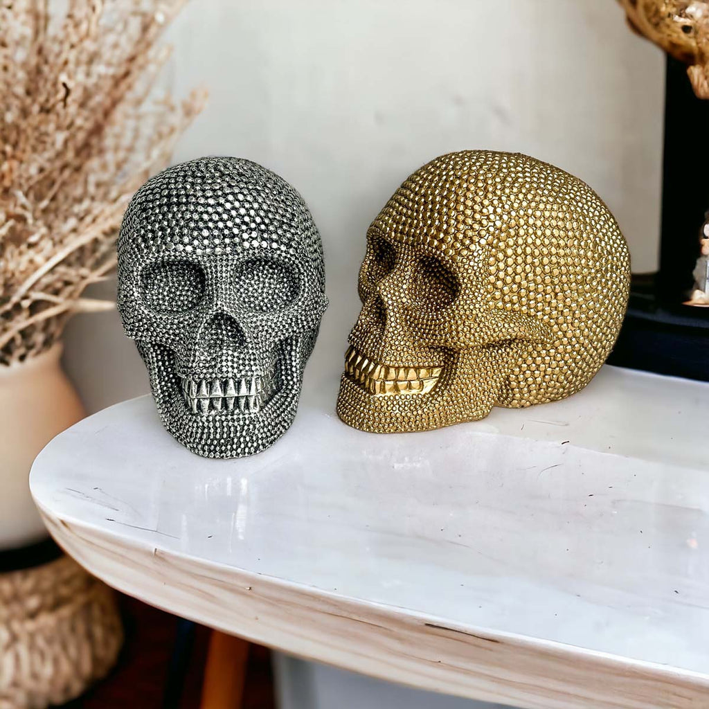 Gold Resin Beaded Skull Decor Rustic Table Accent Bookend Halloween Centerpiece