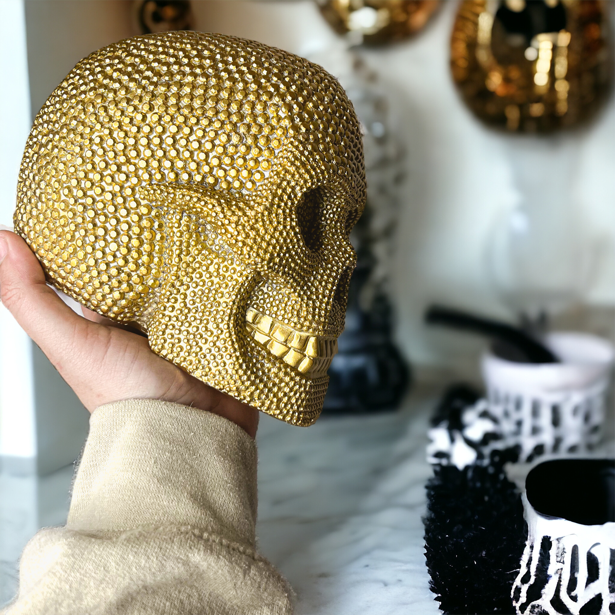 Gold Resin Beaded Skull Decor Rustic Table Accent Bookend Halloween Centerpiece