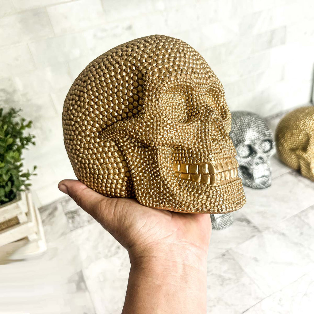 Gold Resin Beaded Skull Decor Rustic Table Accent Bookend Halloween Centerpiece