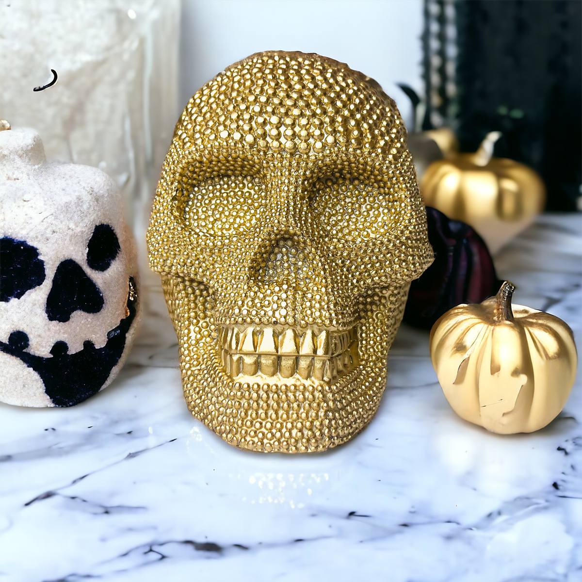 Gold Resin Beaded Skull Decor Rustic Table Accent Bookend Halloween Centerpiece