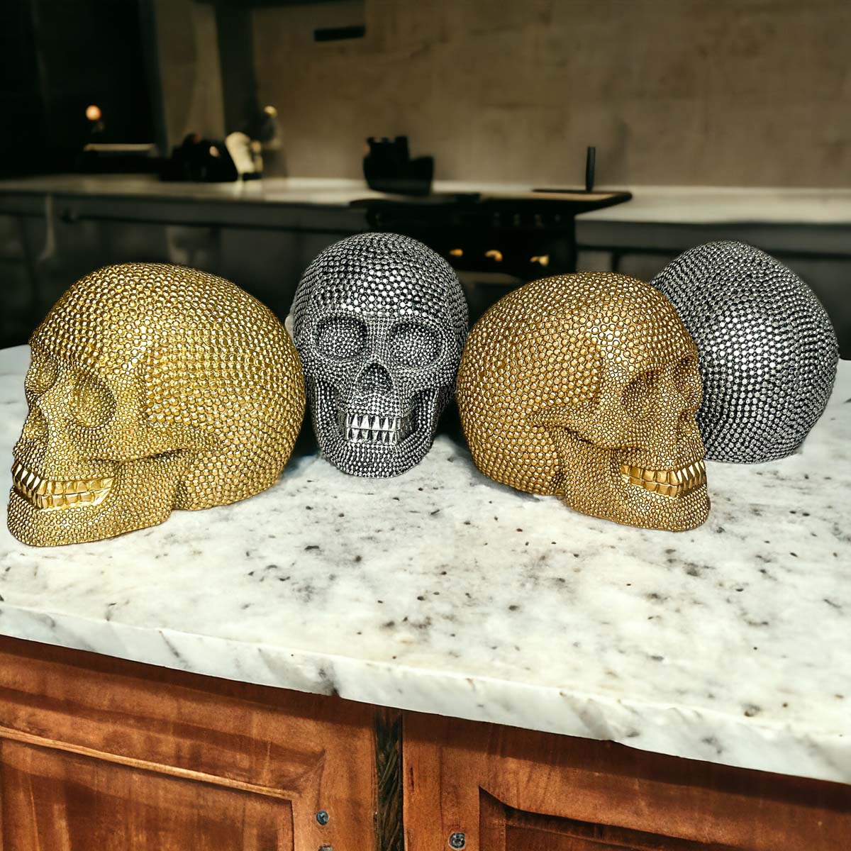 Gold Resin Beaded Skull Decor Rustic Table Accent Bookend Halloween Centerpiece