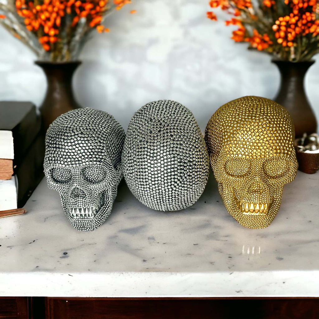 Gold Resin Beaded Skull Decor Rustic Table Accent Bookend Halloween Centerpiece