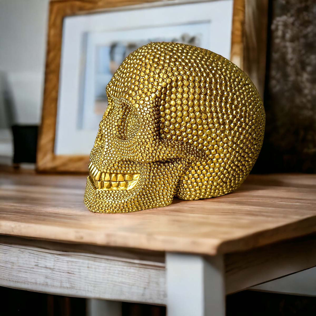 Gold Resin Beaded Skull Decor Rustic Table Accent Bookend Halloween Centerpiece