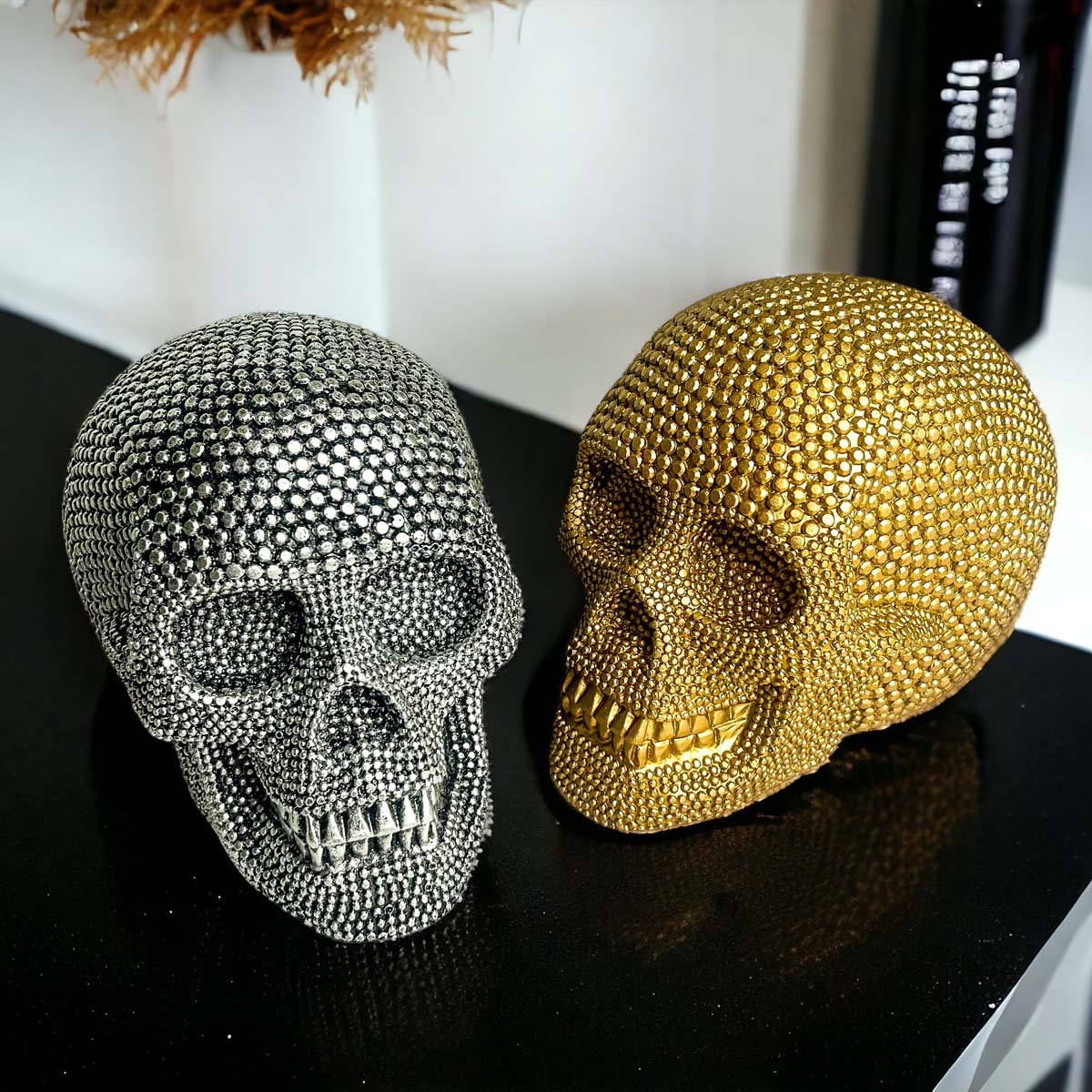Gold Resin Beaded Skull Decor Rustic Table Accent Bookend Halloween Centerpiece