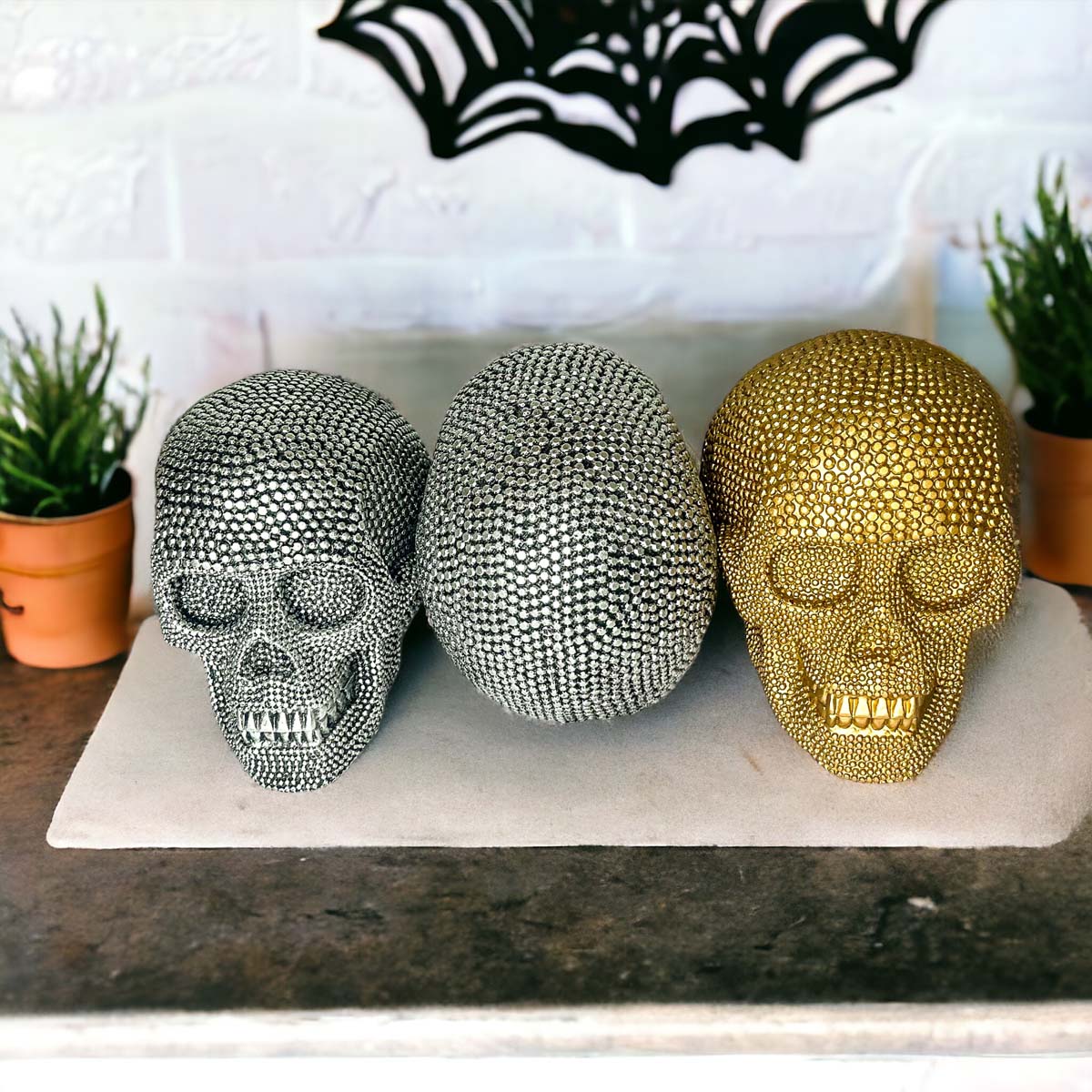 Gold Resin Beaded Skull Decor Rustic Table Accent Bookend Halloween Centerpiece