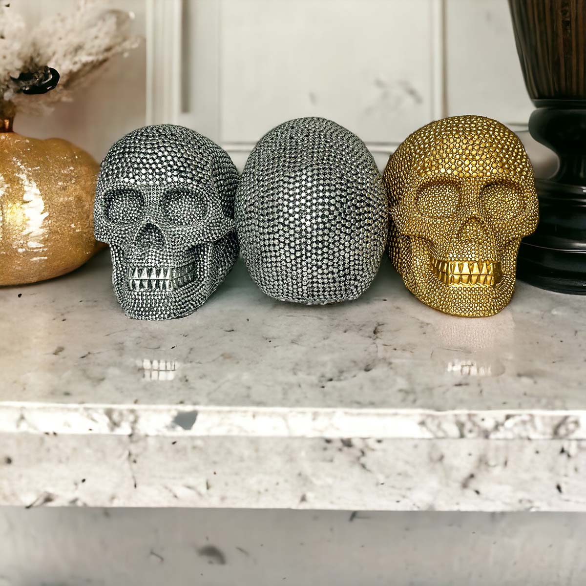 Gold Resin Beaded Skull Decor Rustic Table Accent Bookend Halloween Centerpiece
