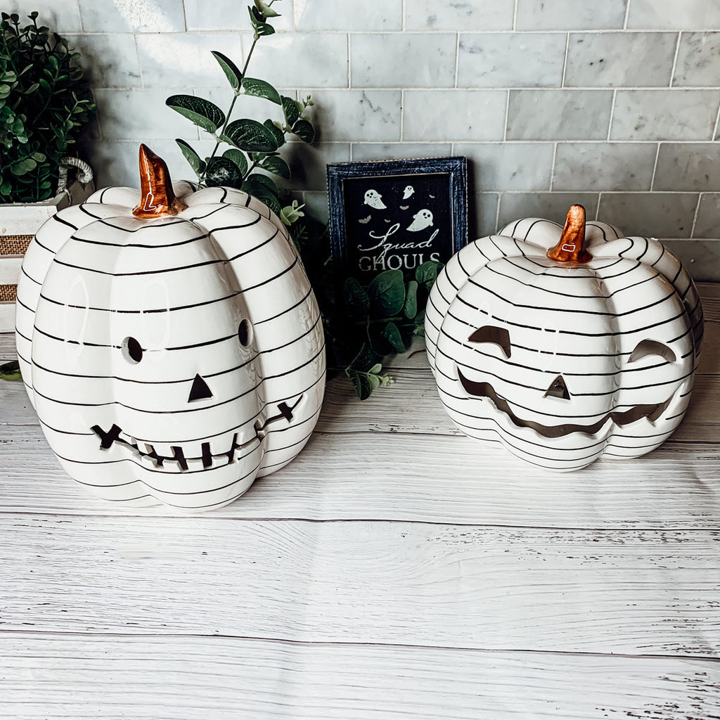 Hand Painted Black White LED Striped Pumpkin Minimalist Fall Halloween Decor