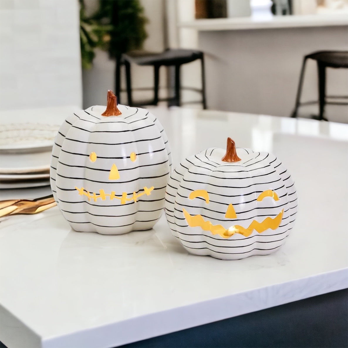 Hand Painted Black White LED Striped Pumpkin Minimalist Fall Halloween Decor