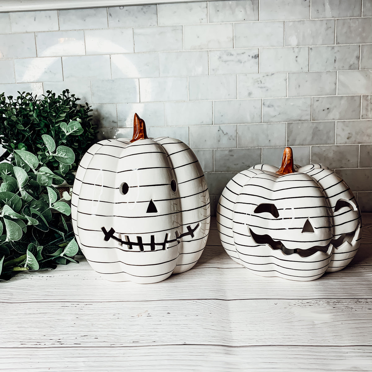 Hand Painted Black White LED Striped Pumpkin Minimalist Fall Halloween Decor