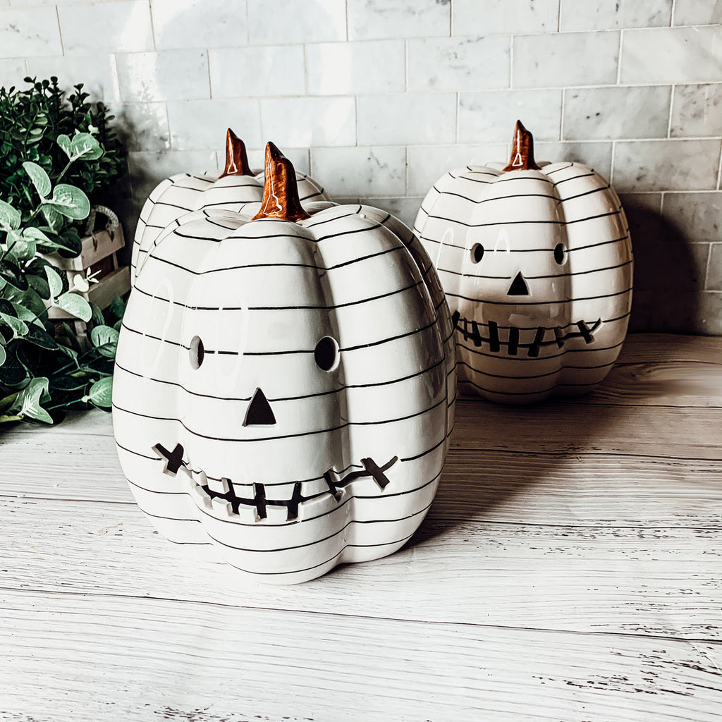 Hand Painted Black White LED Striped Pumpkin Minimalist Fall Halloween Decor
