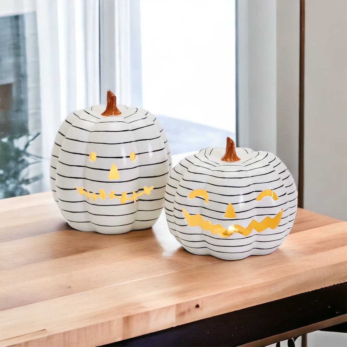 Hand Painted Black White LED Striped Pumpkin Minimalist Fall Halloween Decor