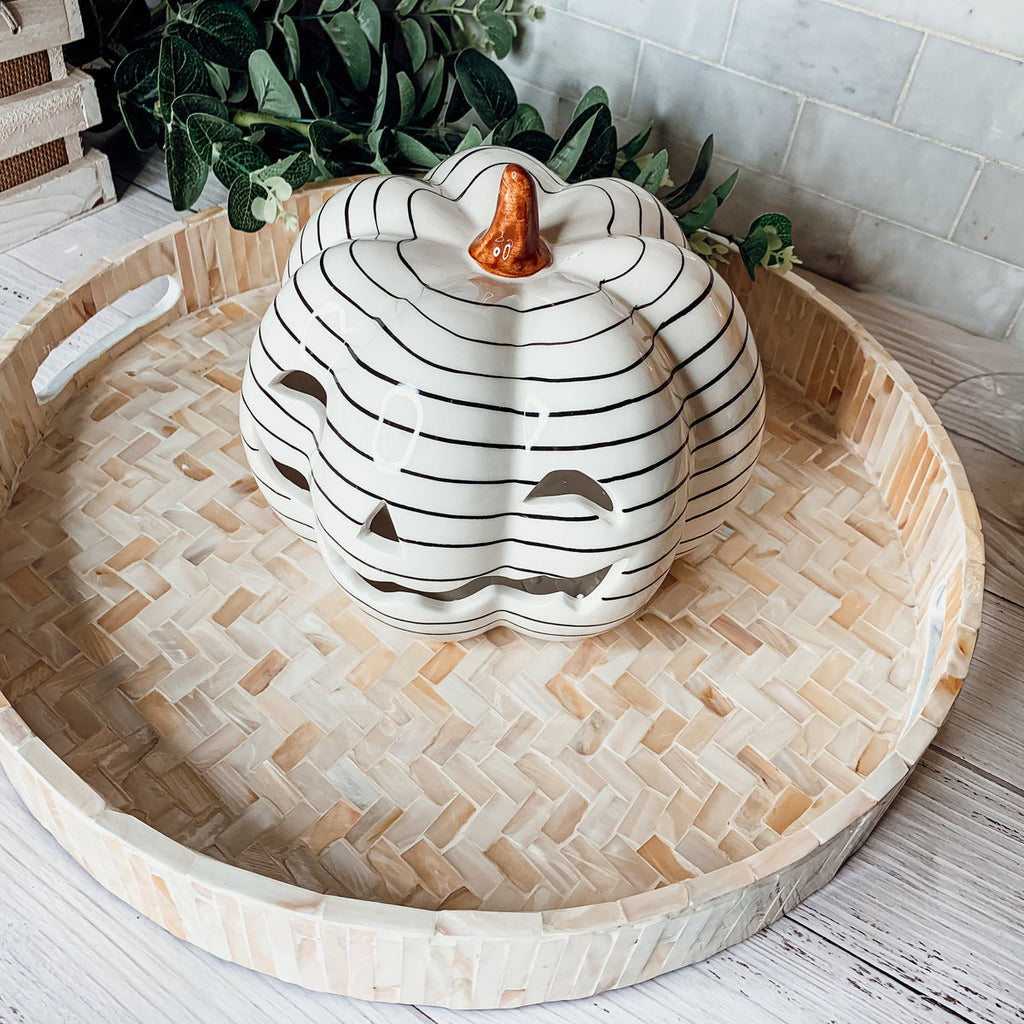 Hand Painted Black White LED Striped Pumpkin Minimalist Fall Halloween Decor