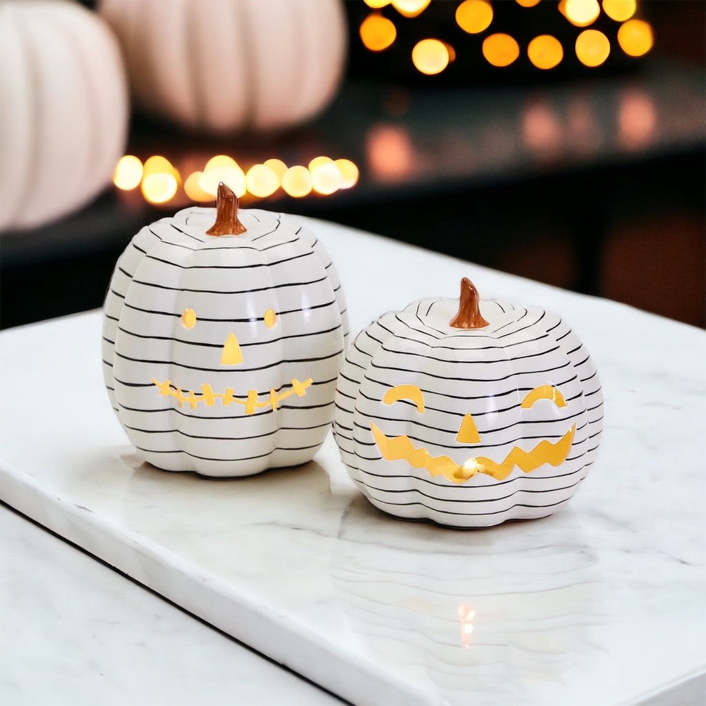 Hand Painted Black White LED Striped Pumpkin Minimalist Fall Halloween Decor