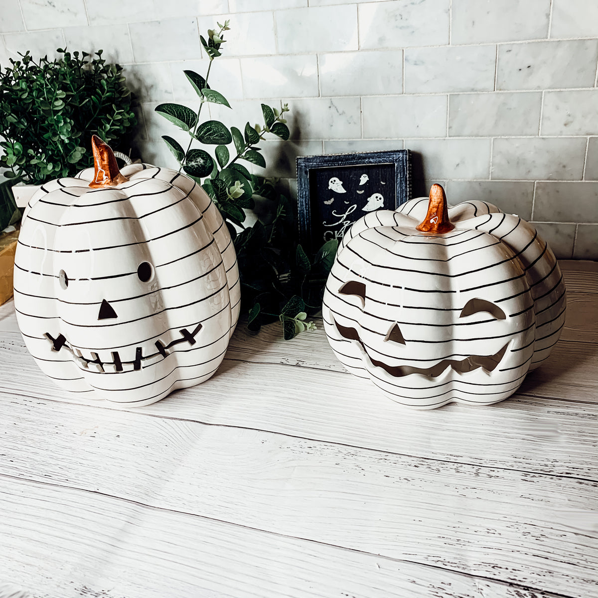 Hand Painted Black White LED Striped Pumpkin Minimalist Fall Halloween Decor