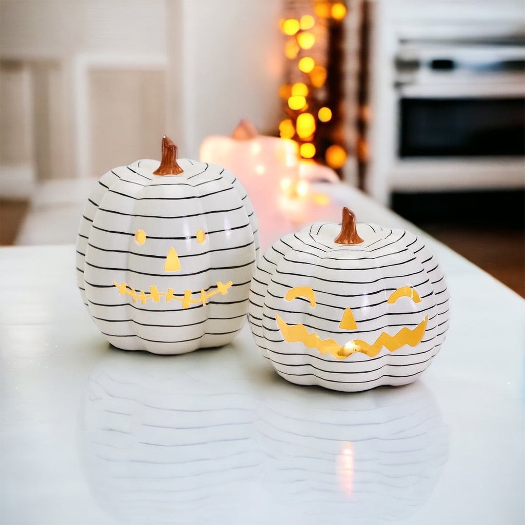 Hand Painted Black White LED Striped Pumpkin Minimalist Fall Halloween Decor