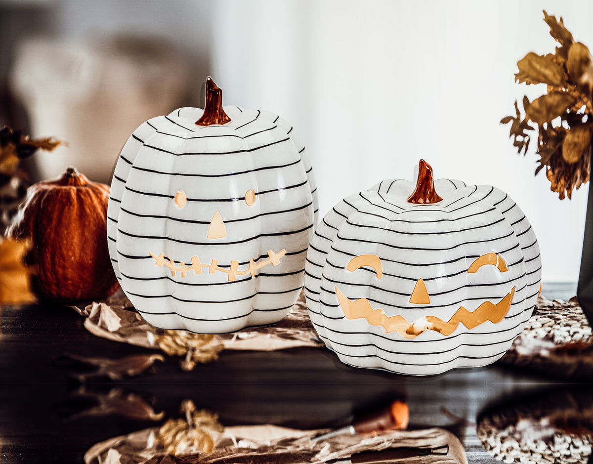 Hand Painted Black White LED Striped Pumpkin Minimalist Fall Halloween Decor