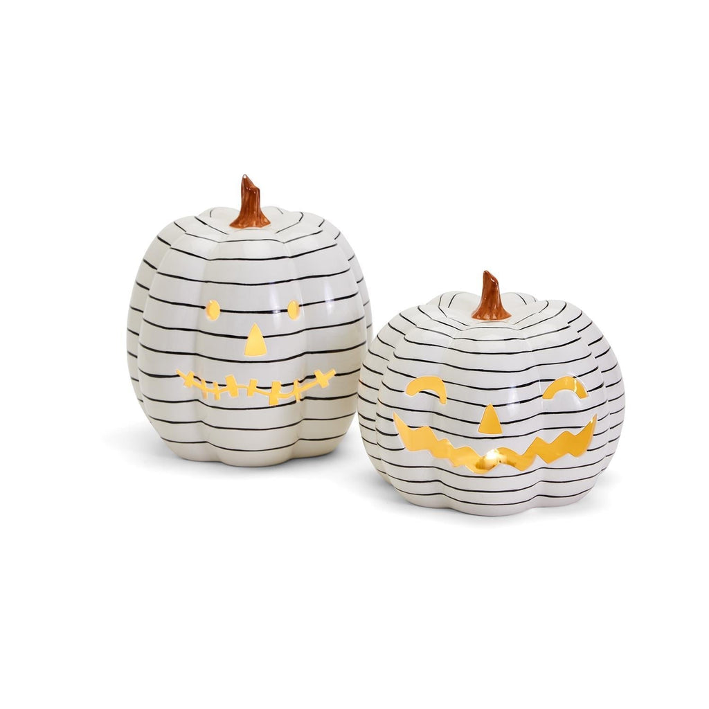 Hand Painted Black White LED Striped Pumpkin Minimalist Fall Halloween Decor