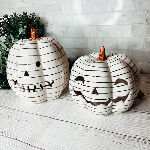 Hand Painted Black White LED Striped Pumpkin Minimalist Fall Halloween Decor