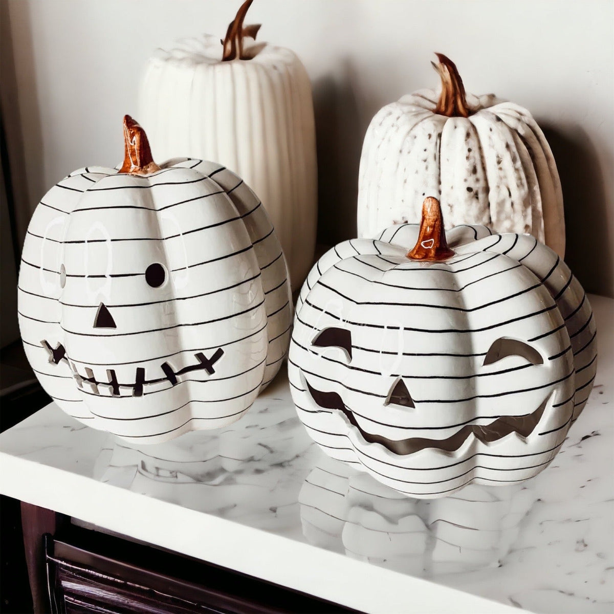 Hand Painted Black White LED Striped Pumpkin Minimalist Fall Halloween Decor