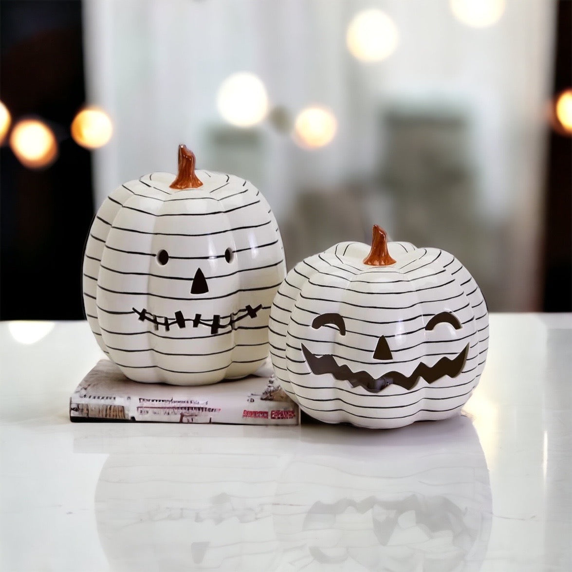 Hand Painted Black White LED Striped Pumpkin Minimalist Fall Halloween Decor