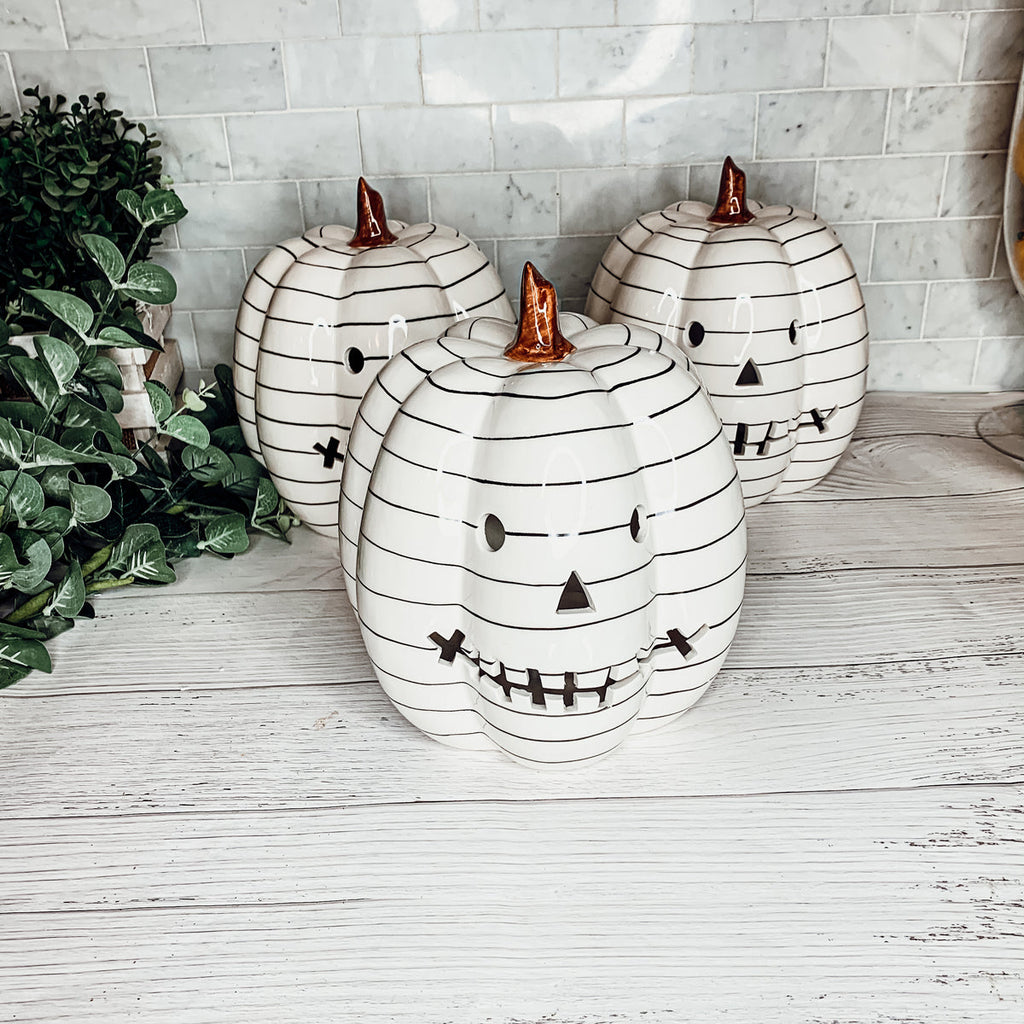 Hand Painted Black White LED Striped Pumpkin Minimalist Fall Halloween Decor