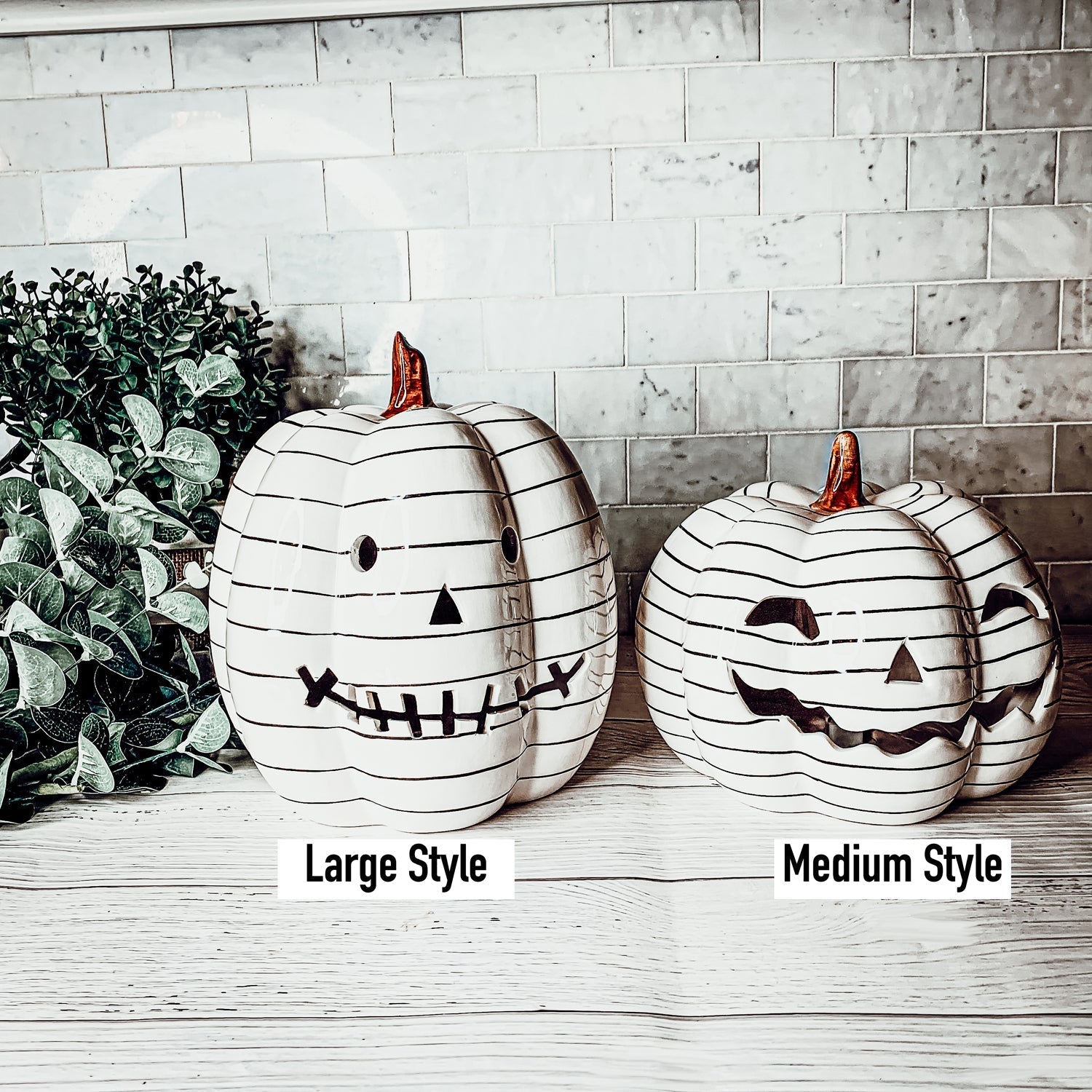 Hand Painted Black White LED Striped Pumpkin Minimalist Fall Halloween Decor