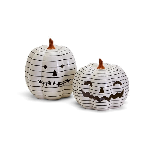 Hand Painted Black White LED Striped Pumpkin Minimalist Fall Halloween Decor